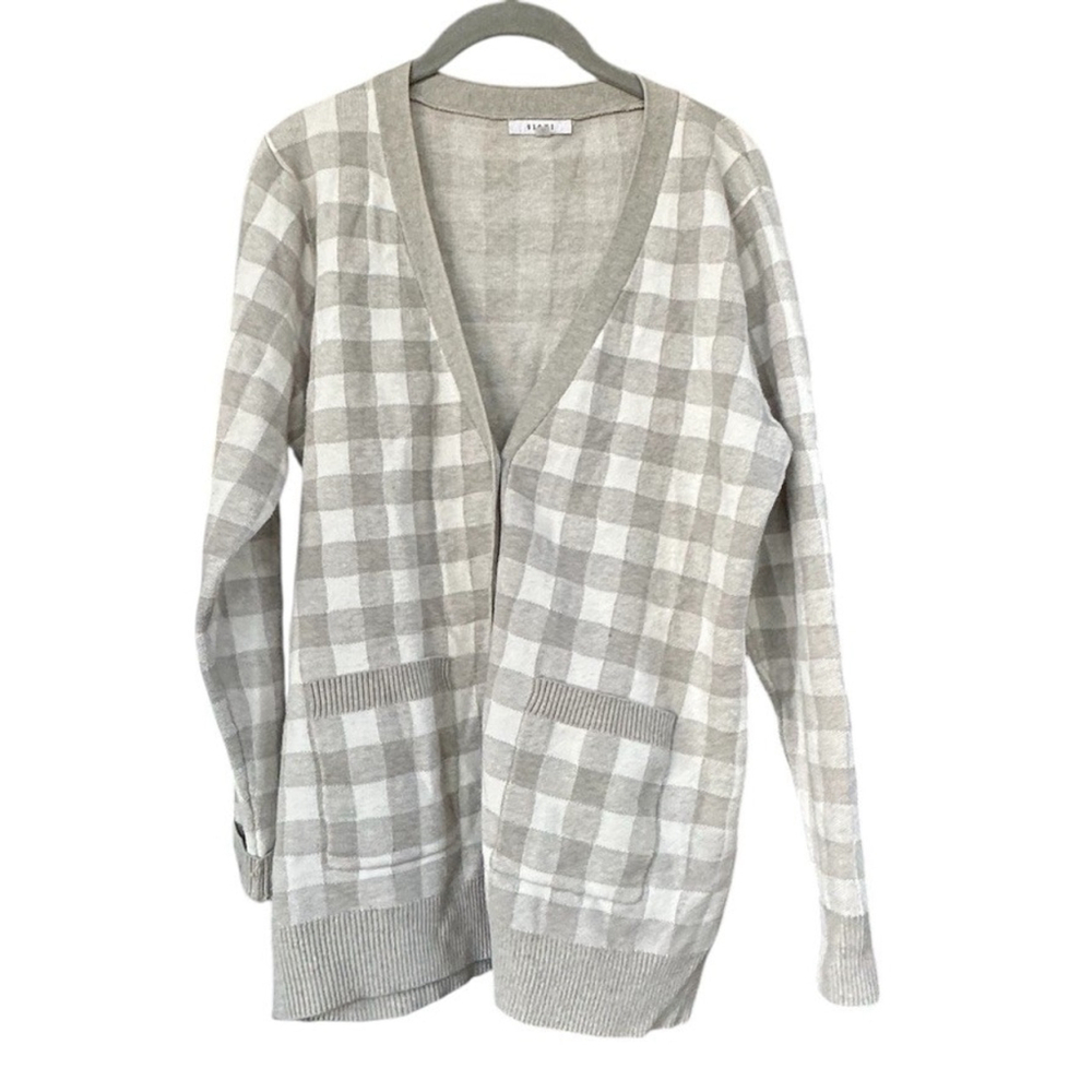 Sioni Womens Large Cardigan Sweater Gray White Check Plaid Button Front‎ Preppy